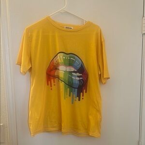 Yellow Graphic Tee with Dripping Lips Design